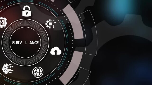 Cyber surveillance concept with secure network monitoring system and digital data protection interface.