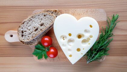 heart shaped cheese on wooden board with bread and tomatoes