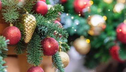 christmas tree branch with red and gold ornaments closeup