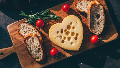 Heart-Shaped Cheese with Bread and Tomatoes on Wooden Board