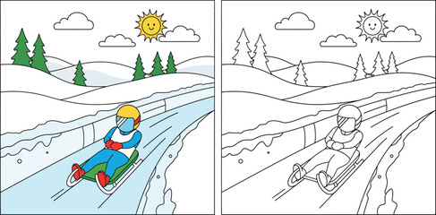 Obraz premium Coloring book page vector illustration of a happy person sledding down a snowy hill in winter, showing both the colored version and the black and white outline for children education.