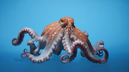 Brown Octopus Floating with Curved Tentacles in Bright Blue Ocean Water