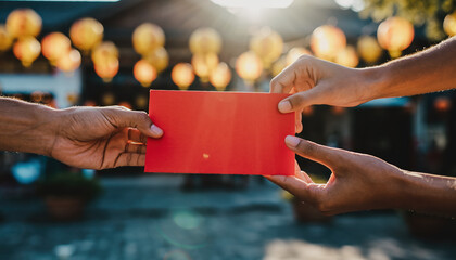 person handing red envelope to another person outdoors