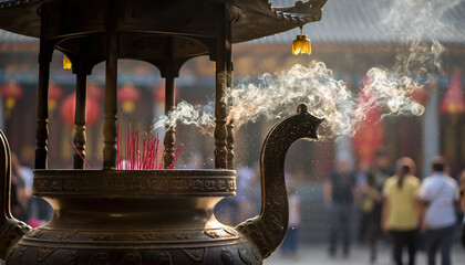 Smoke Incense Sticks in Traditional Chinese Incense Burner