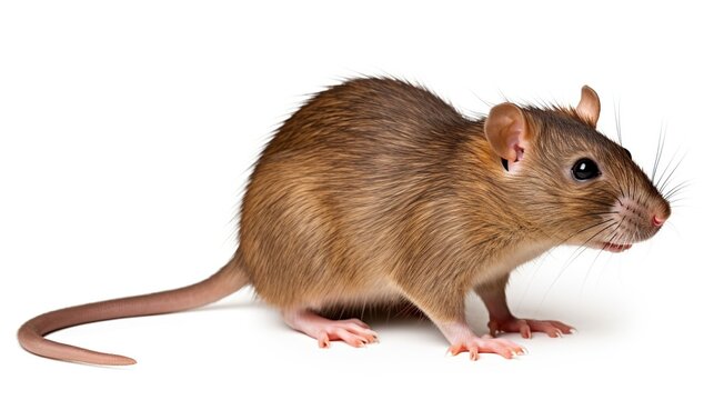 Brown rat with long pink tail and small ears standing sideways on a white background