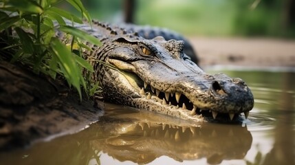 Obraz premium Close-Up of a Crocodile Resting by Muddy Water Beneath Lush Tropical Foliage