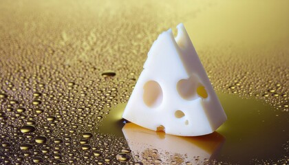 Swiss cheese wedge on wet golden surface with water droplets