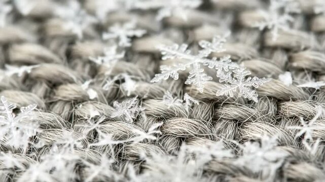 Close up macro shot of snowflakes on woven fabric texture.