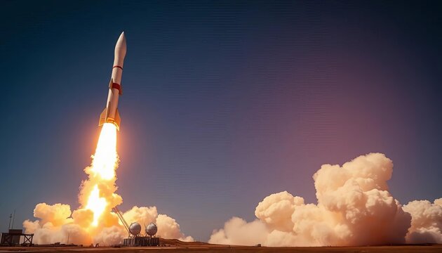 Missile launching from silo, fiery exhaust trail,  smoke, missile launch