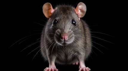 Close-up portrait of a curious gray rat facing the camera with pink ears and whiskers against a black background