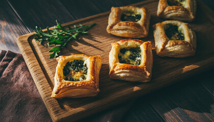 Spinach and Cheese Puff Pastry on Wooden Board