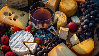 Assortment of artisanal cheeses, fruits, and wine on a wooden board