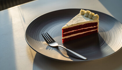 Delicious slice of red velvet cake on a plate with fork