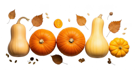 Assorted autumn pumpkins and gourds with colorful leaves and acorns scattered around them isolated on transparent background