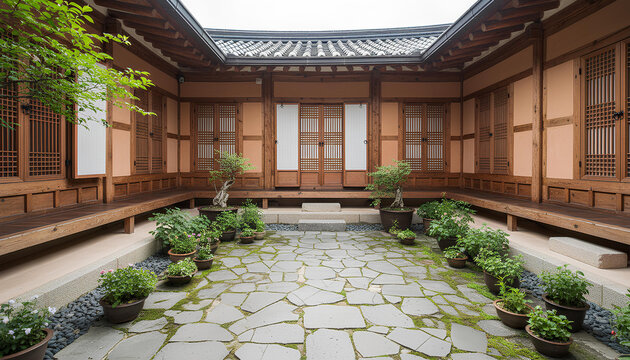 Serene Traditional Korean Hanok Courtyard with Stone Path and Potted Plants