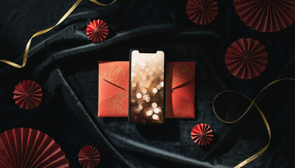Chinese New Year phone mockup with red envelopes and decorations