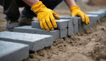 Worker in yellow gloves installing bricks on construction site, focus on precise bricklaying process with blurred background.