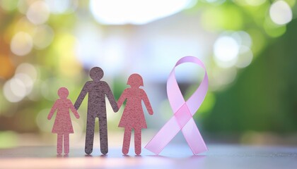 Family supporting breast cancer awareness with pink ribbon