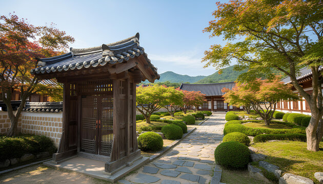 Traditional Korean Architecture and Manicured Garden in Early Autumn