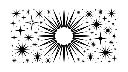 Black star burst graphic in modern minimalist style with sharp lines and white background for digital design