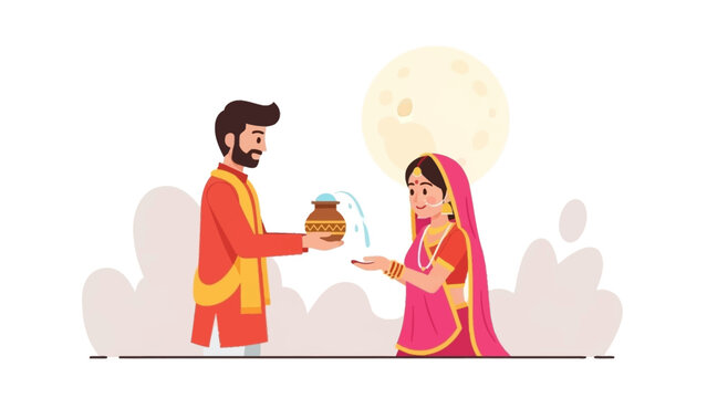 Illustration of a man and woman celebrating Karva Chauth with a moonlit background.