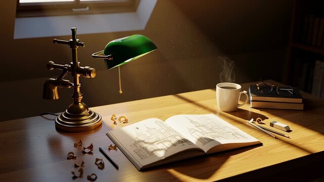 Vintage Desk Scene with Open Book and Lamp.