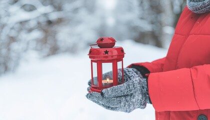 person holding red lantern in snowy winter landscape
