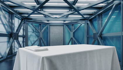 Modern interior with table and white cloth in futuristic room