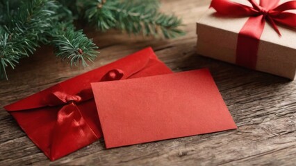 Festive Christmas Gift Box with Red Ribbon, Envelope and Blank Card on Wooden Surface with Blurred Tree Background.