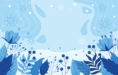 Obraz premium A serene winter background featuring blue floral elements swirling patterns and delicate snowflakes