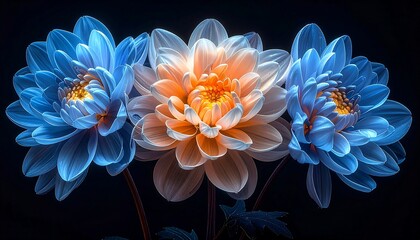 Three stylized flowers, one orange, flanked by blue blooms, stems against black. Translucent petals glow with vibrant color, creating a striking composition