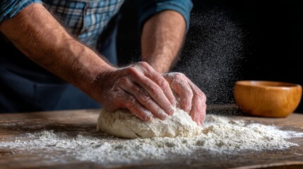 Skilled Artisan Baker Kneading Dough in Rustic Bakery - Softbox Lighting Candid Shot with Shallow Depth of Field on White Background