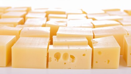 Swiss cheese cubes on white background