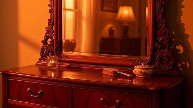 Vintage Dressing Table with Ornate Mirror and Warm Lighting.