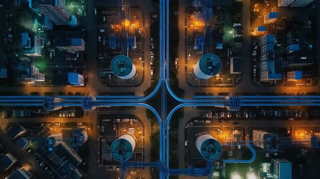 Aerial drone view above city power plants featuring glowing electric grids and blue pipelines, cinematic tech 4K loop.