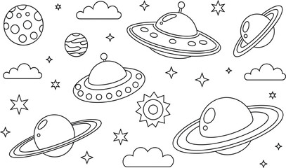 Hand drawn outer space vector set with UFO flying saucers, ringed planets, craters, and stars © Sume