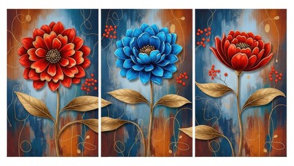 A vibrant triptych showcases three stylized floral arrangements each with a prominent bloom in red blue and scarlet hues against a textured backdrop