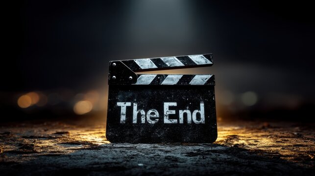 Cinematic Clapperboard with Text 'The End' Surrounded by Dramatic Lighting and Blurred Background for Film Conclusion
