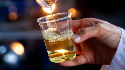 Innovative Beverage Technician Evaluating pH Levels of Fresh Drink Blend in Modern Lab Setting with Stylish Lighting and Selective Focus, Artistic Flat Lay Concept