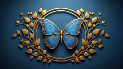An elegant blue butterfly gracefully positioned within a decorative golden wreath of leaves and a circular frame a stunning artistic composition