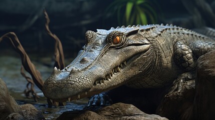 Fototapeta premium Close-up View of a Crocodile?s Rugged Head Emerging from Murky Swamp Water in Low Light