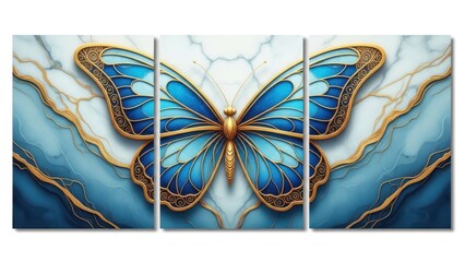 A stunning triptych artwork depicts a vibrant blue butterfly with intricate golden details against a marbled background radiating elegance