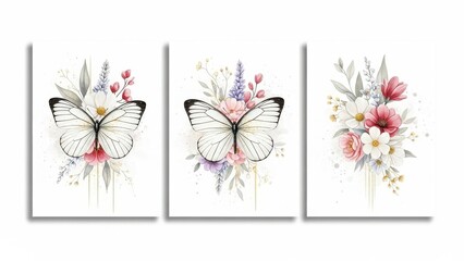 A beautiful triptych wall art features delicate watercolor butterflies paired with vibrant floral arrangements creating an elegant home decor aesthetic