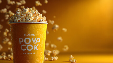 Vibrant yellow popcorn bucket with movie theme design is filled with popcorn against matching yellow background, creating lively and cinematic atmosphere