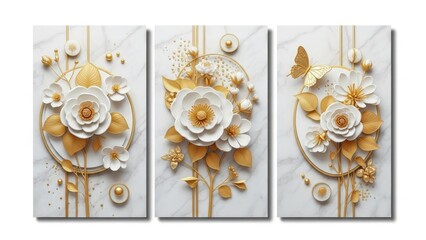 A stunning triptych wall art piece showcasing delicate white flowers and elegant golden accents on a marble backdrop