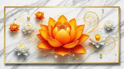 An elegant artistic composition featuring vibrant orange and delicate white lotus flowers against a luxurious marble background with golden accents