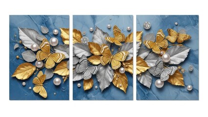 A stunning triptych wall art piece showcases golden butterflies silver leaves and lustrous pearls arranged on a deep blue marble background