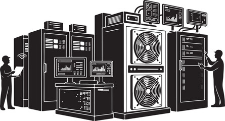 Two technicians working on large computer server equipment in a data center