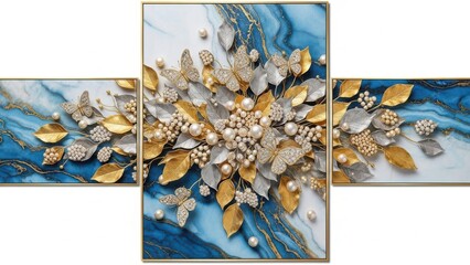 A stunning triptych wall art piece features a luxurious floral design with gold leaves pearls and a marbled blue background