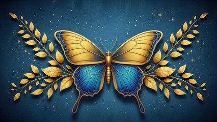 A stunning illustration of a golden and blue butterfly with ornate wings framed by flourishing golden leaves and a dark background